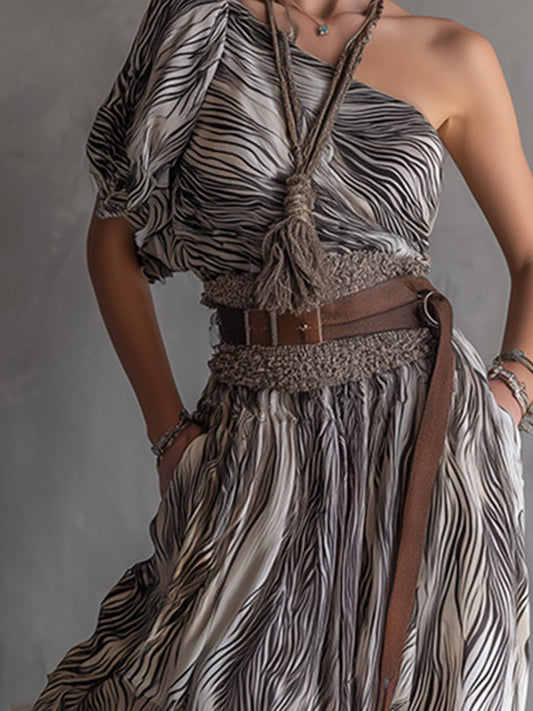 Vestido Midi Asimétrico de Gasa Estampada