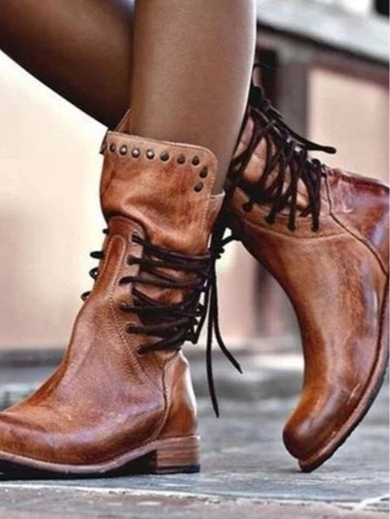 Botas de Media Caña Estilo Británico con Cordones y Remaches
