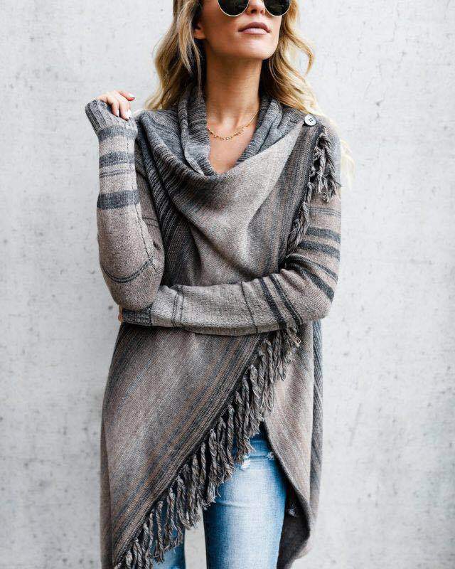 Chiara - Sweater tejido de longitud media con flecos a rayas Otoño Invierno para mujer