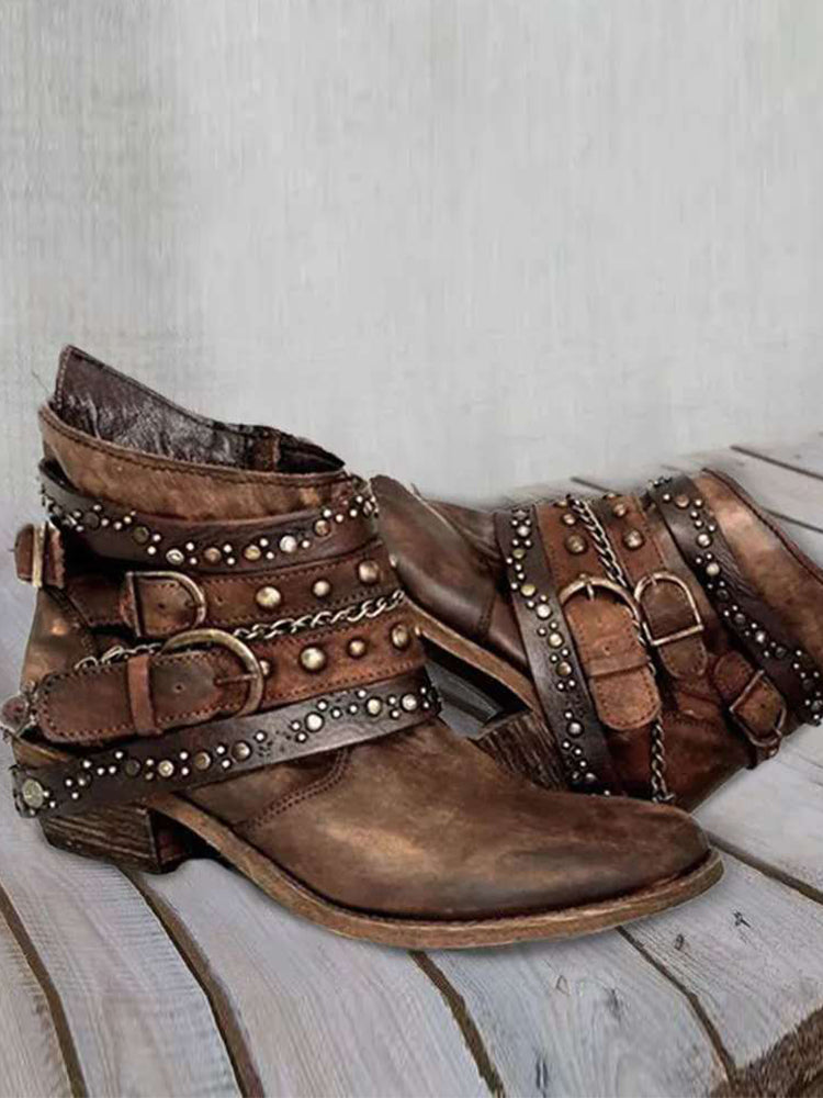 Botas Vintage Motero con Hebillas y Remaches