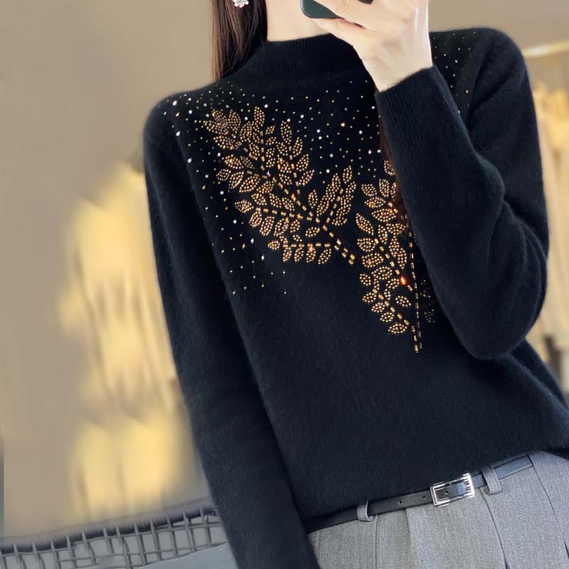 Jersey de Punto con Estampado de Hojas y Strass