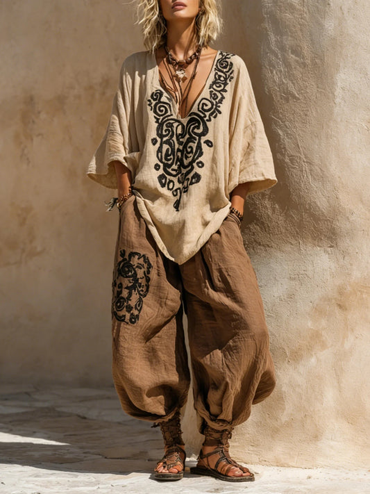 Conjunto Bohemio Nómada de Tres Piezas con Estampado Artístico