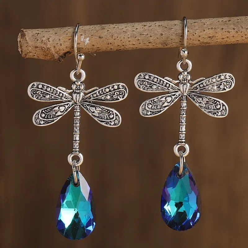 Aretes Vintage de Libélula en Circón Azul