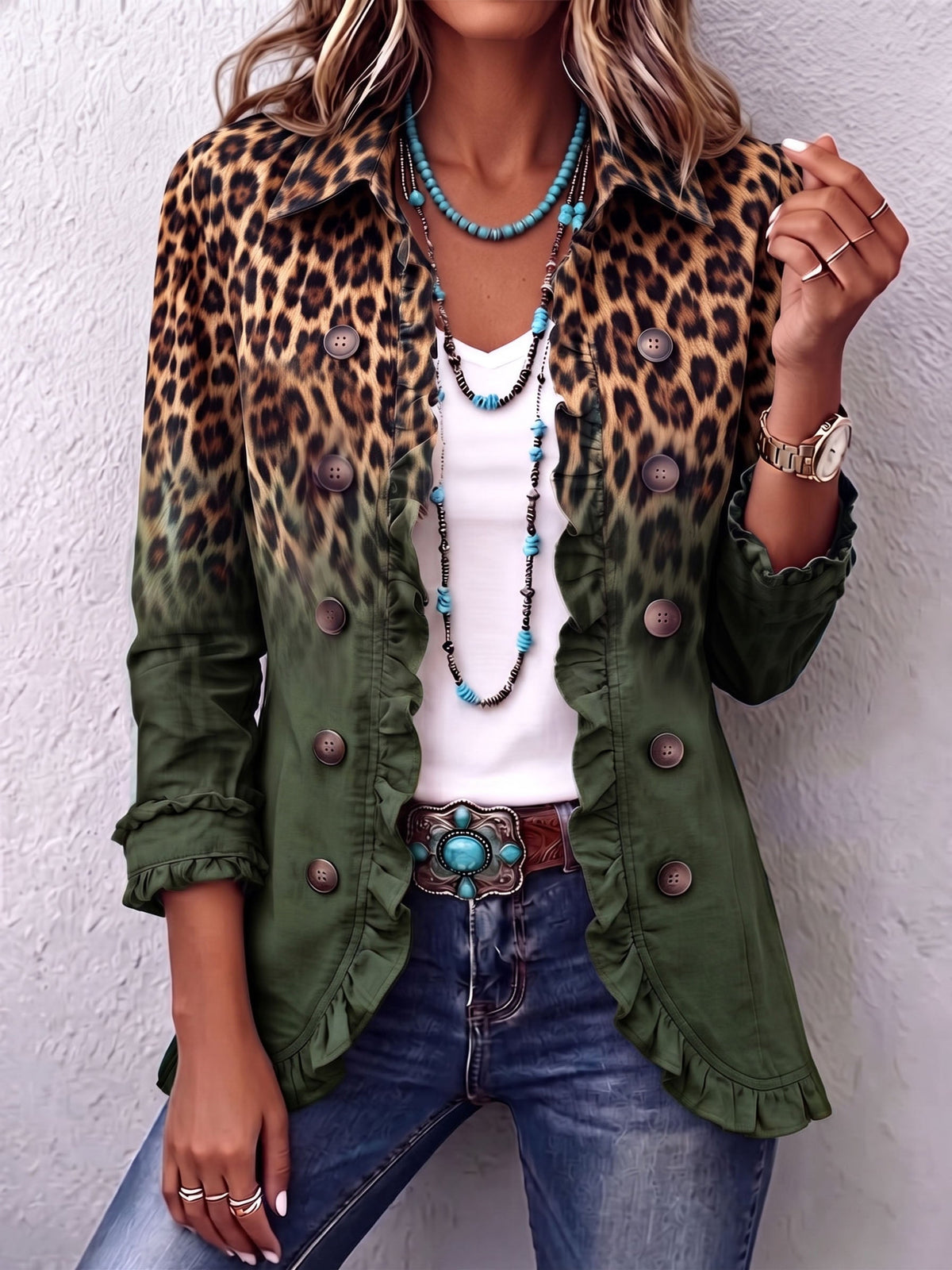 Ernestina | Chamarra blazer leopardo verde con volantes