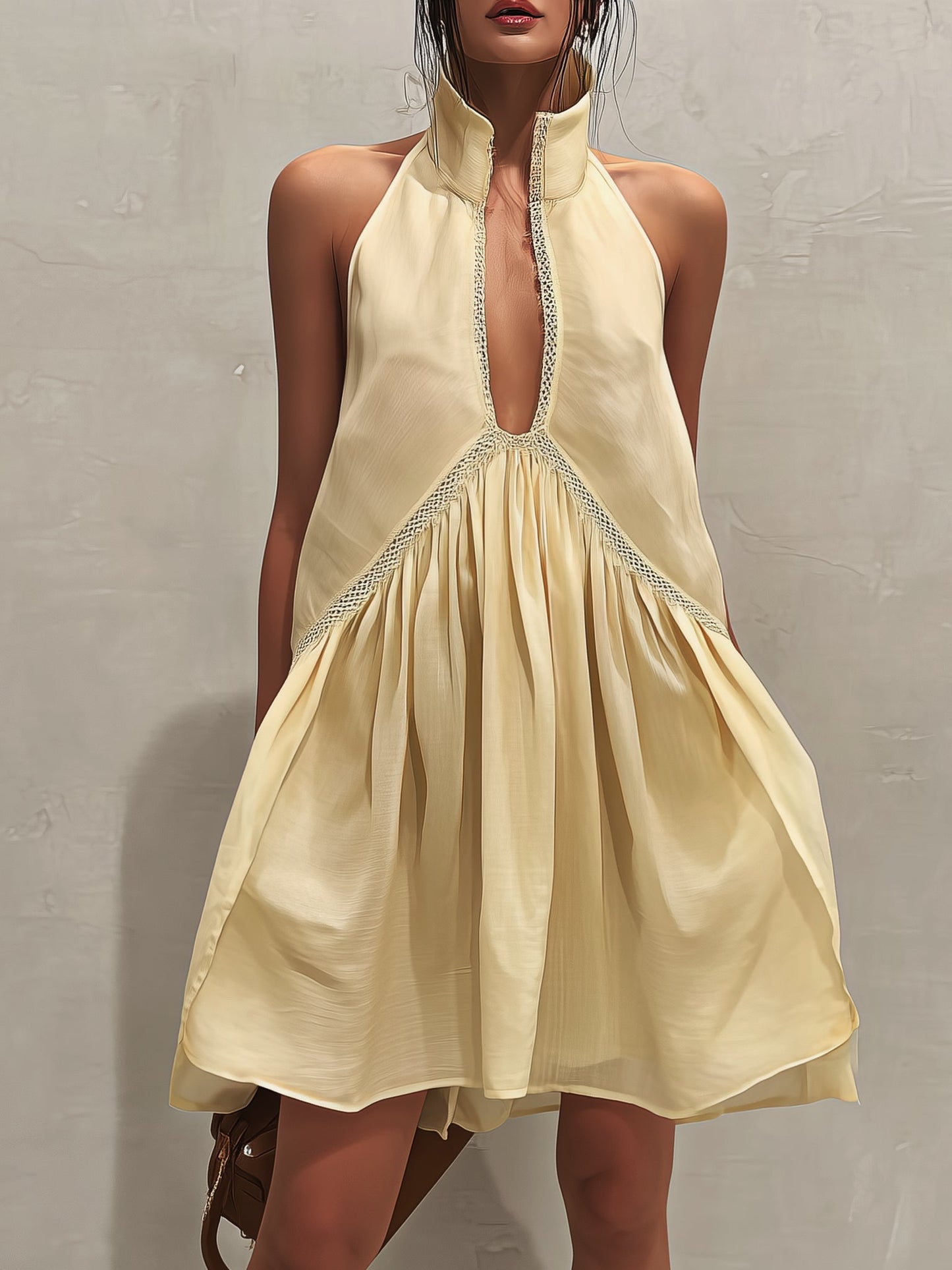 Vestido Mini Amarillo con Escote en V y Encaje