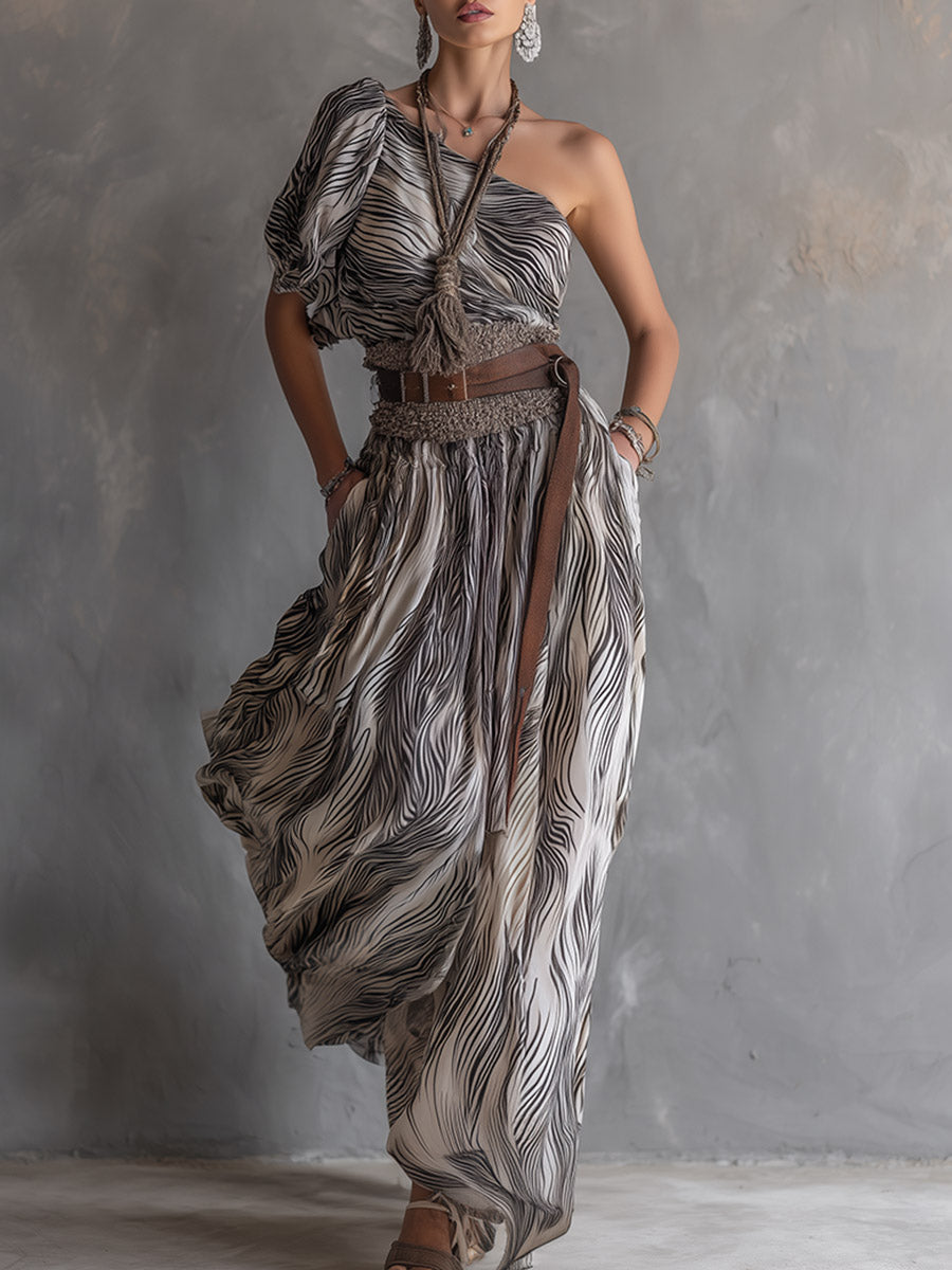 Vestido Midi Asimétrico de Gasa Estampada