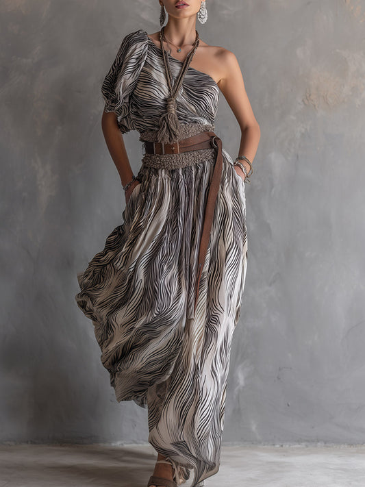 Vestido Midi Asimétrico de Gasa Estampada
