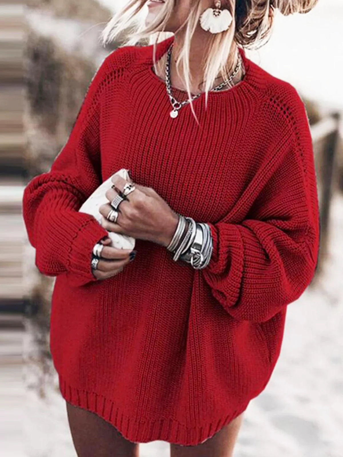 Conjunto de Jersey Oversize de Punto con Manga Murciélago y Falda Mini de Volantes
