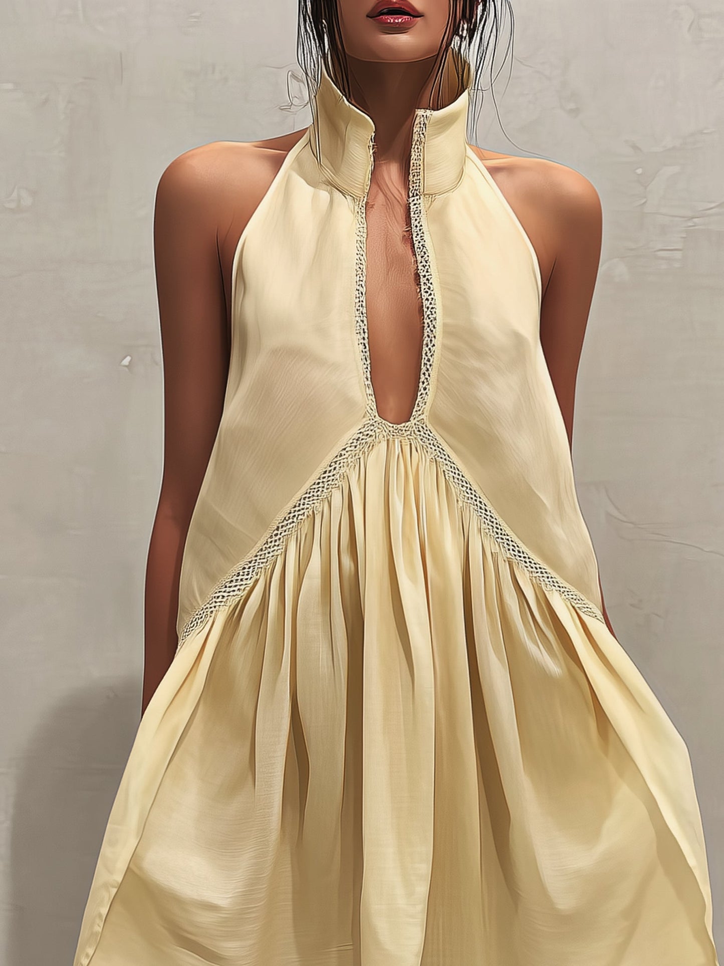 Vestido Mini Amarillo con Escote en V y Encaje