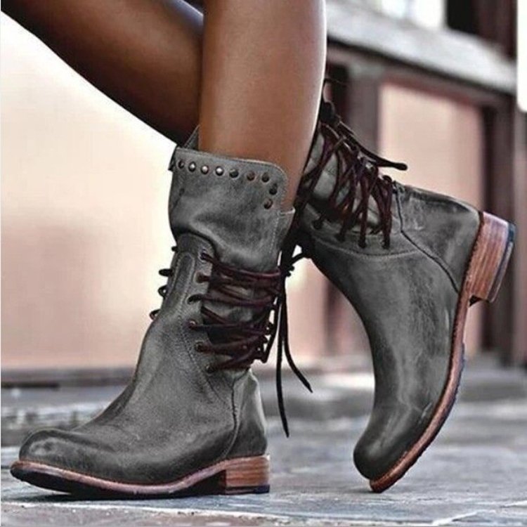 Botas de Media Caña Estilo Británico con Cordones y Remaches