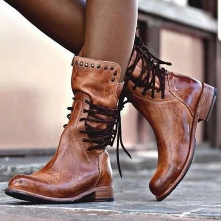 Botas de Media Caña Estilo Británico con Cordones y Remaches