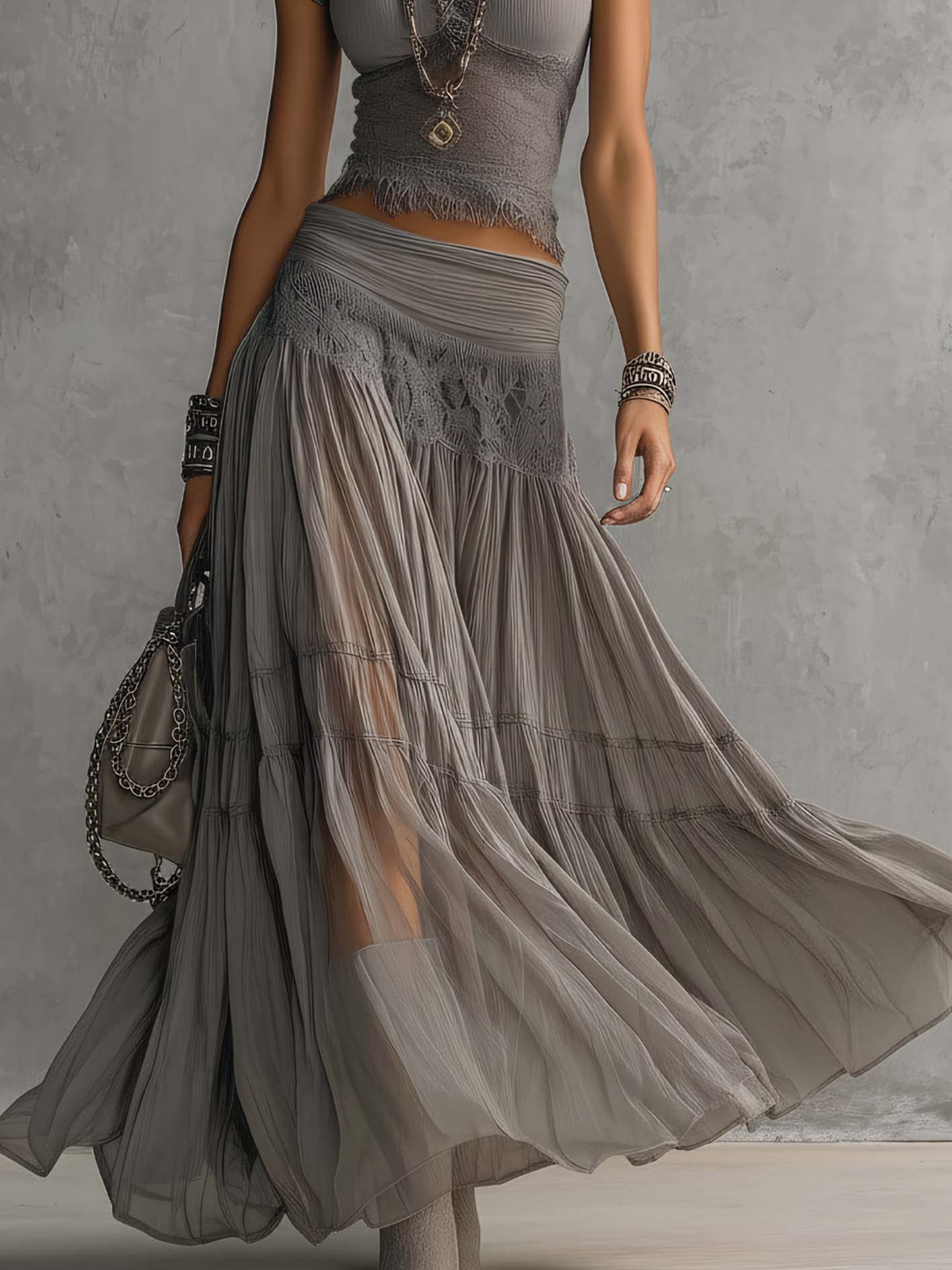 Conjunto Boho de Encaje y Falda Plisada