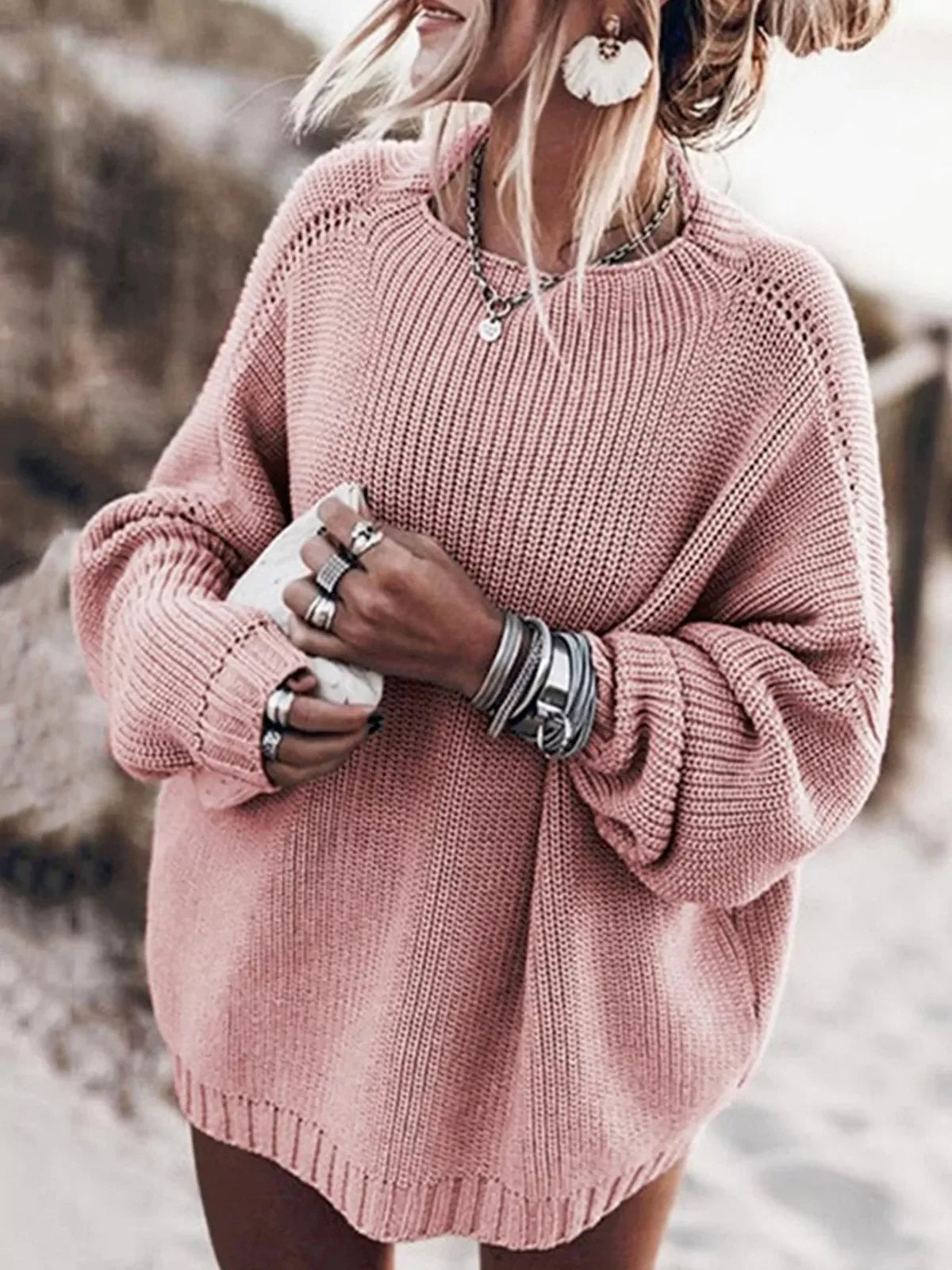 Conjunto de Jersey Oversize de Punto con Manga Murciélago y Falda Mini de Volantes