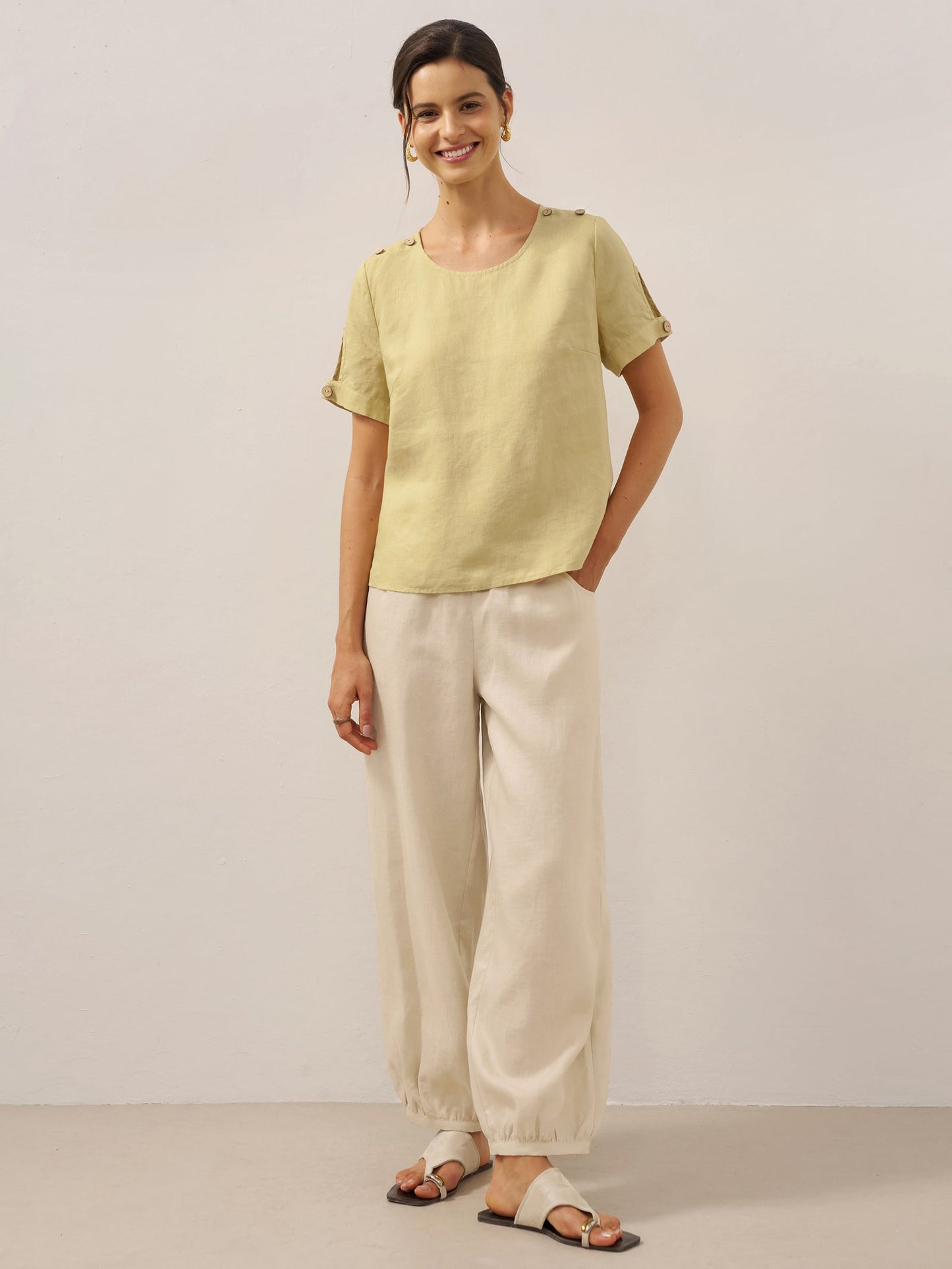 Pantalón 100% Lino Cintura Ancha