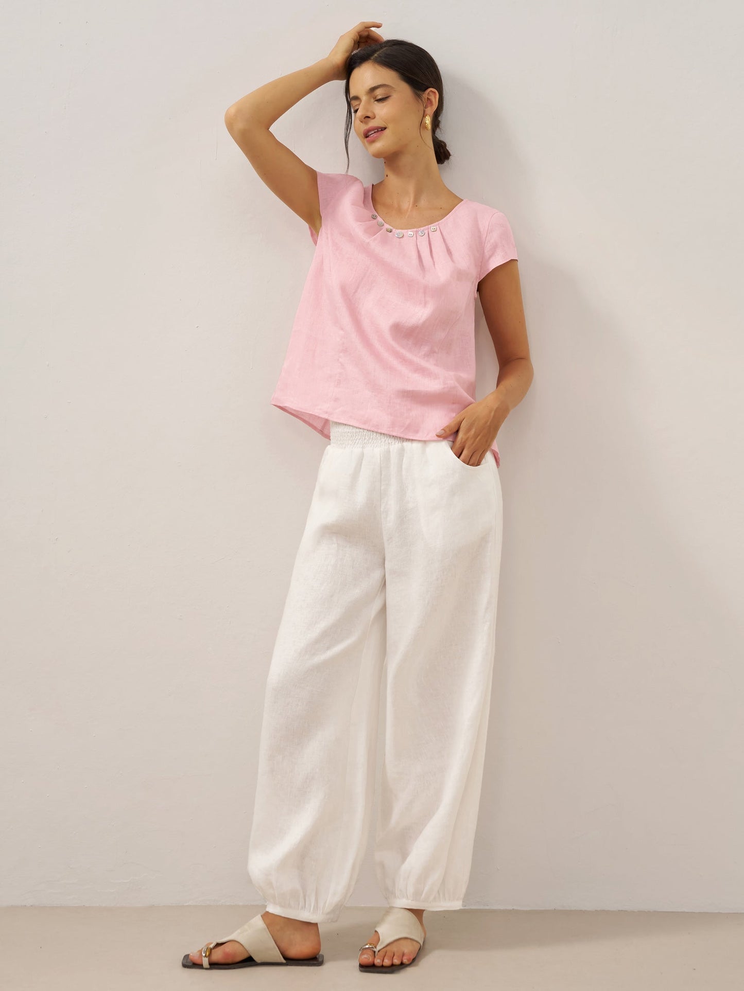 Pantalón 100% Lino Cintura Ancha