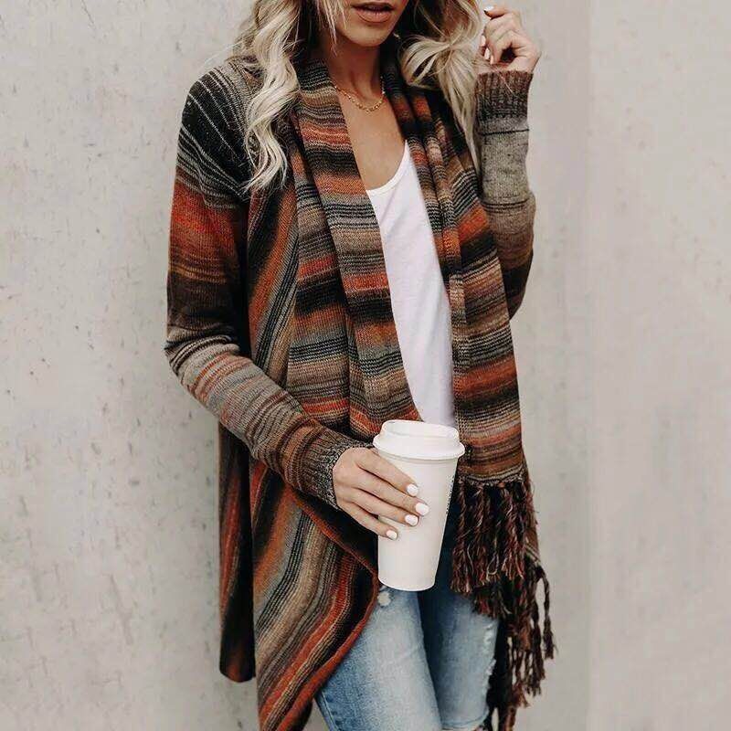 Chiara - Sweater tejido de longitud media con flecos a rayas Otoño Invierno para mujer
