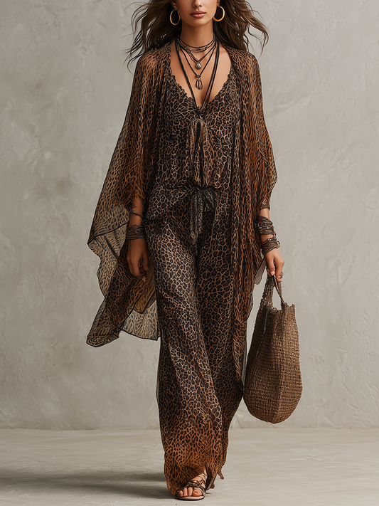 Conjunto Bohemio de Tres Piezas con Estampado Leopardo Degradado