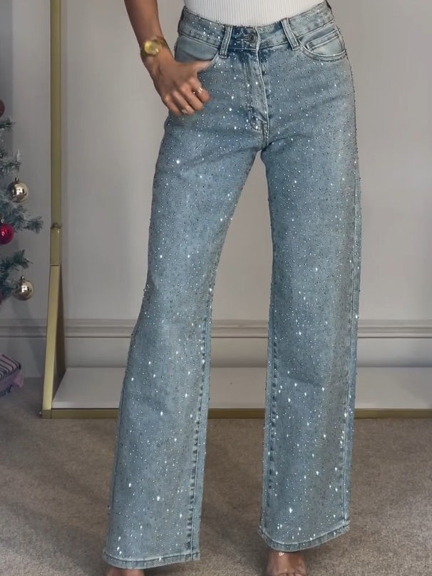 Vaqueros de Pierna Recta con Cintura Alta y Detalles Diamanté