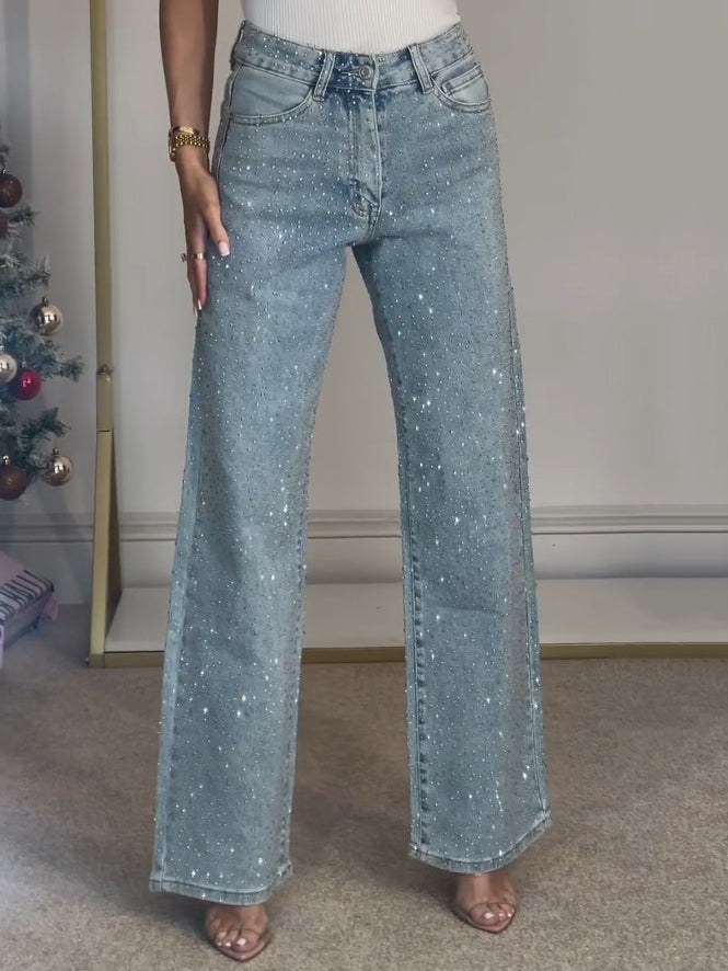 Vaqueros de Pierna Recta con Cintura Alta y Detalles Diamanté
