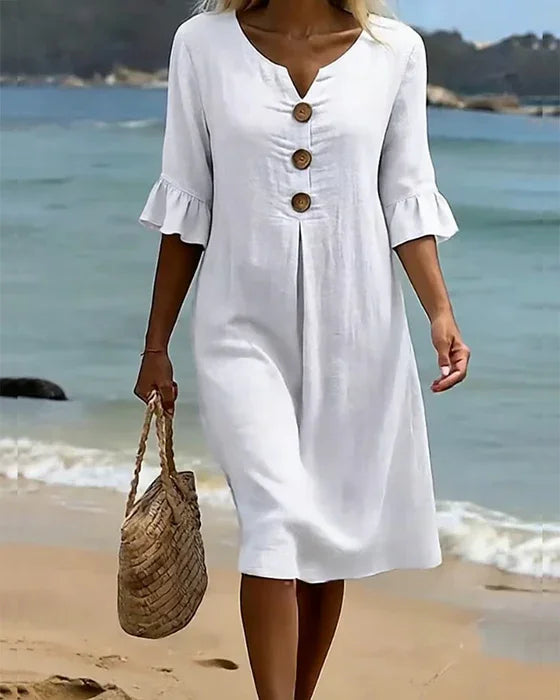 Vanesa | Vestido de Lino con Manga Abullonada