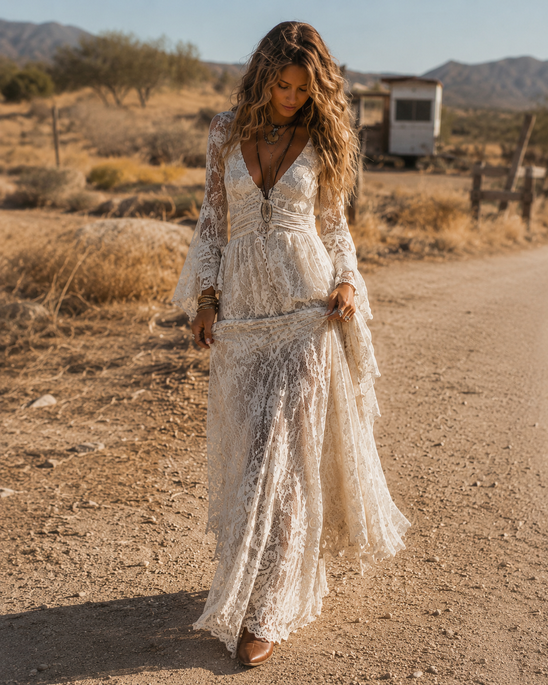 Vestido de Encaje Elegante con Mangas Acampanadas
