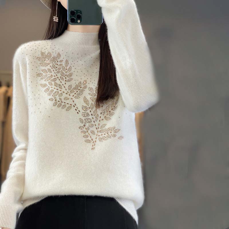 Jersey de Punto con Estampado de Hojas y Strass