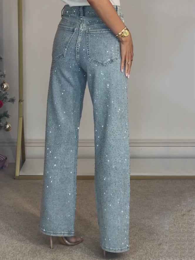 Vaqueros de Pierna Recta con Cintura Alta y Detalles Diamanté