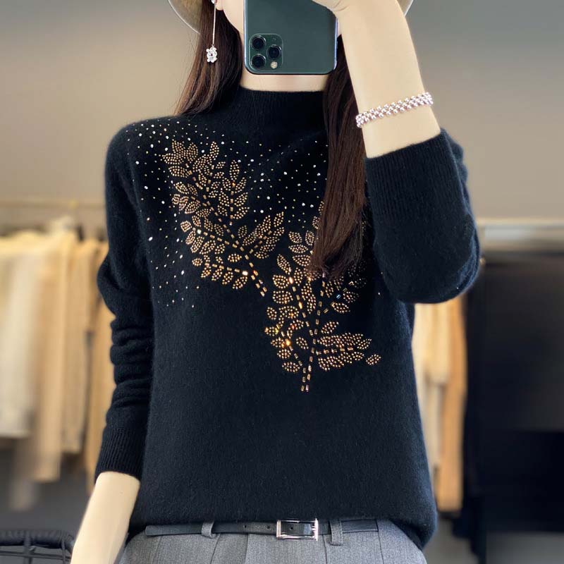 Jersey de Punto con Estampado de Hojas y Strass