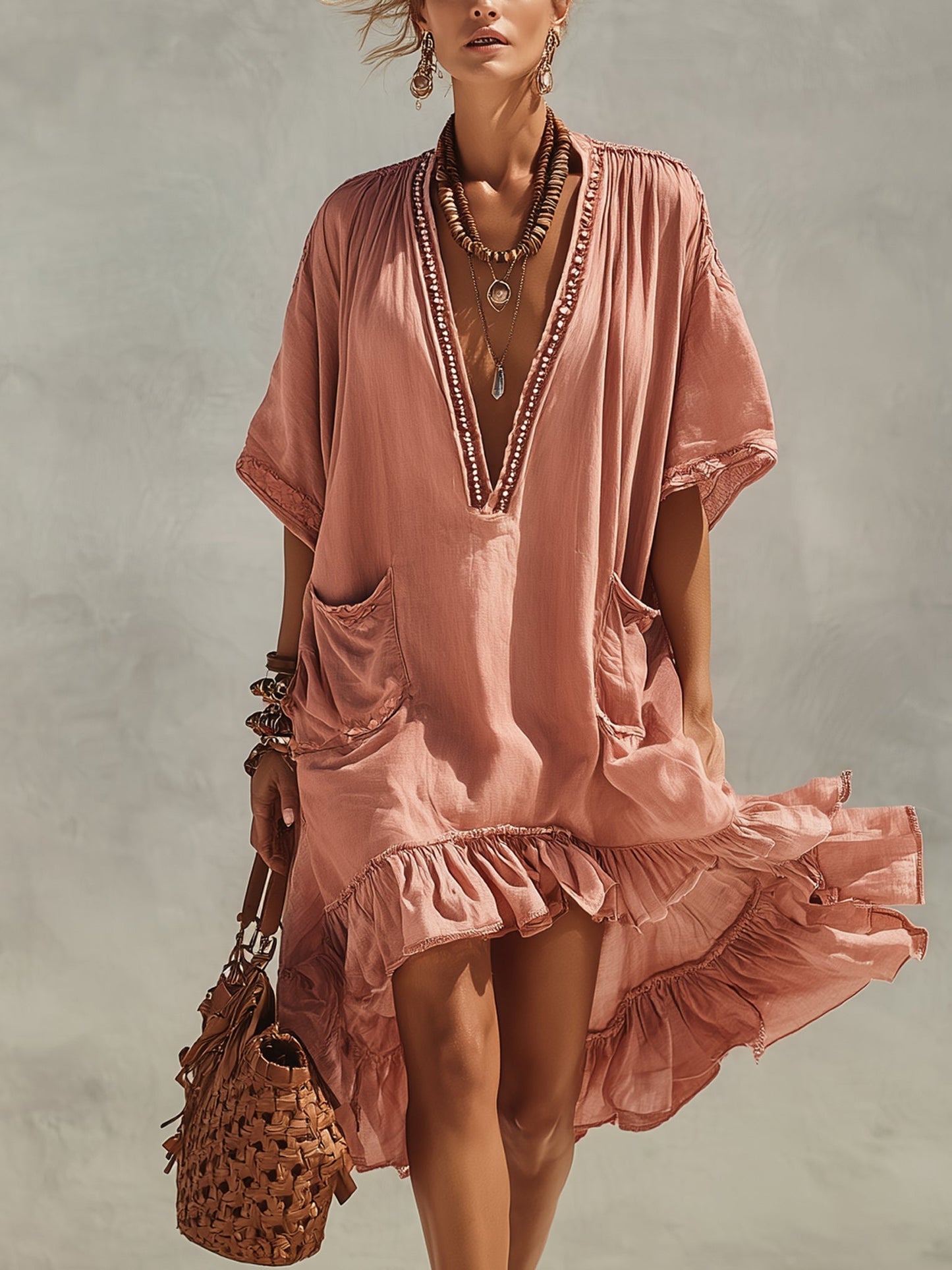 Vestido Midi Rosa de Lino y Algodón