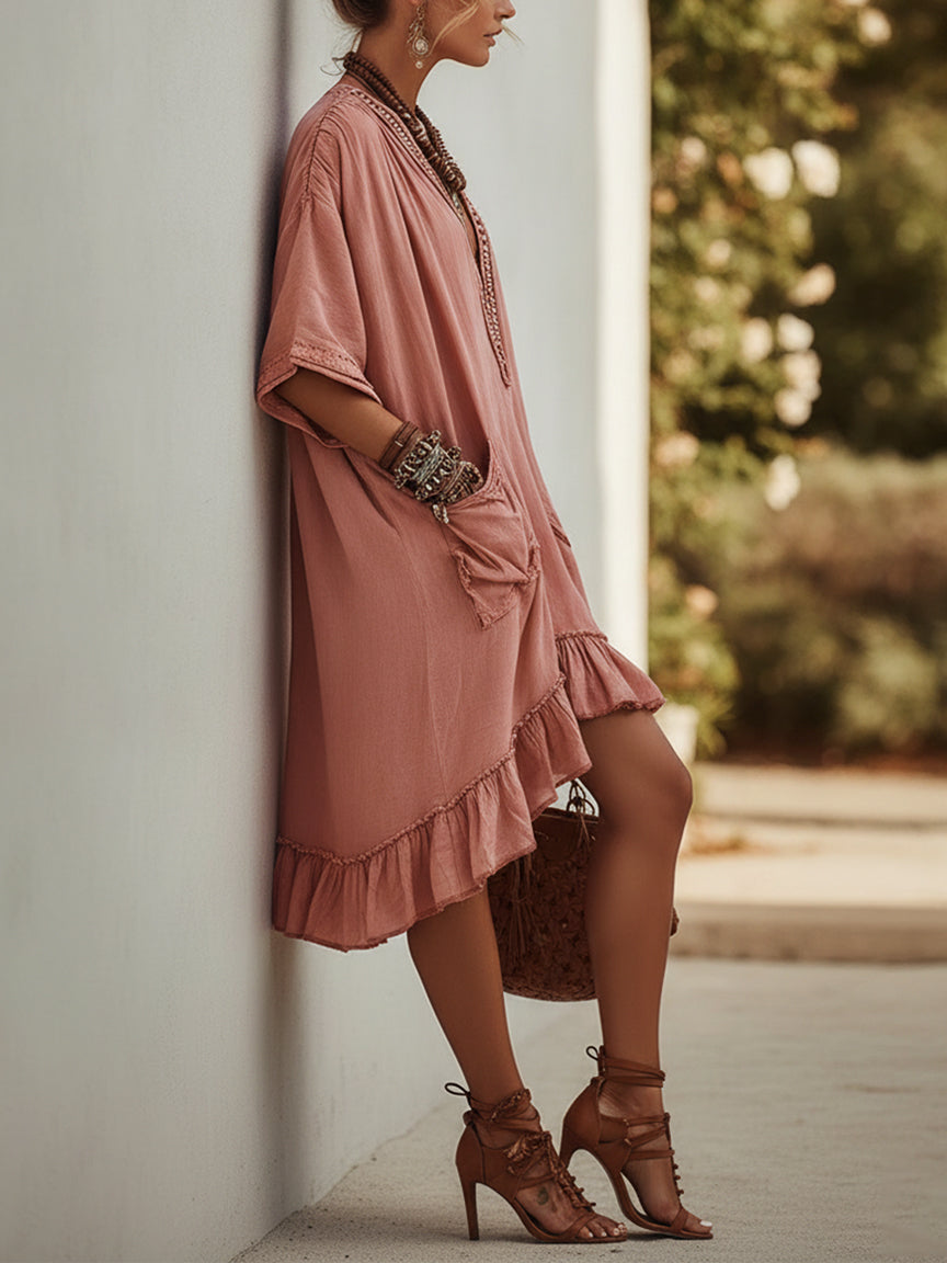 Vestido Midi Rosa de Lino y Algodón