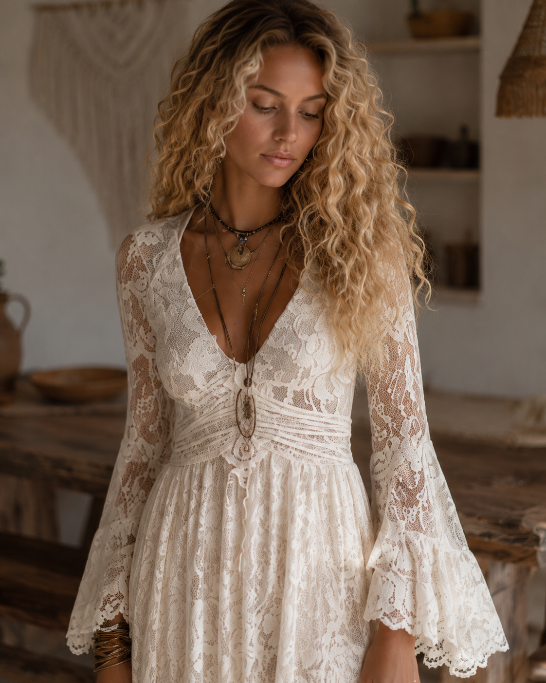 Vestido de Encaje Elegante con Mangas Acampanadas