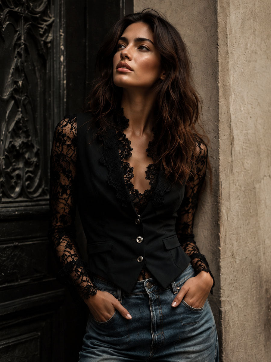 Consuelo | Blazer Negro con Mangas Semitransparentes