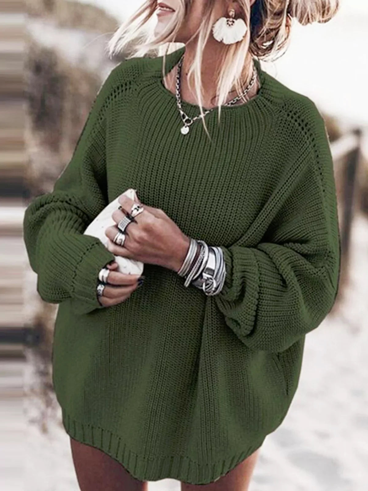 Conjunto de Jersey Oversize de Punto con Manga Murciélago y Falda Mini de Volantes
