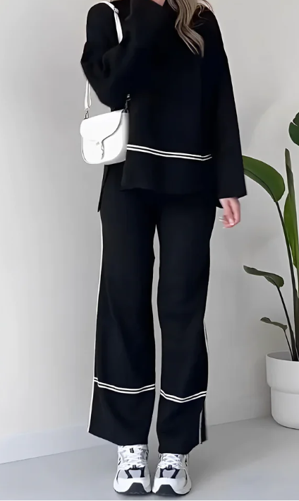 Ivet - Conjunto Holgado de Dos Piezas Sueter y Pantalon Traje Con Diseño Cómodo con Top Informal de Color Liso Primavera Verano Para Mujer