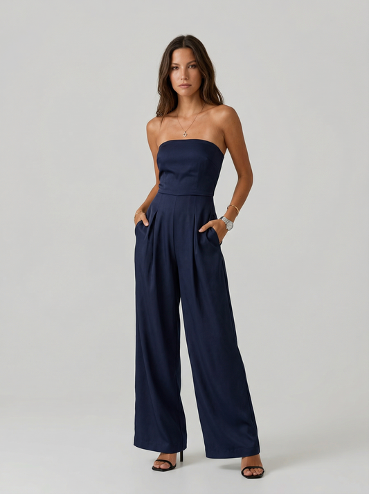 Vestido sin tirantes de pierna ancha