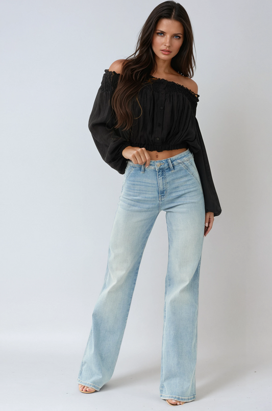 ELARÉA – Vaquero de campana para mujer en denim azul claro