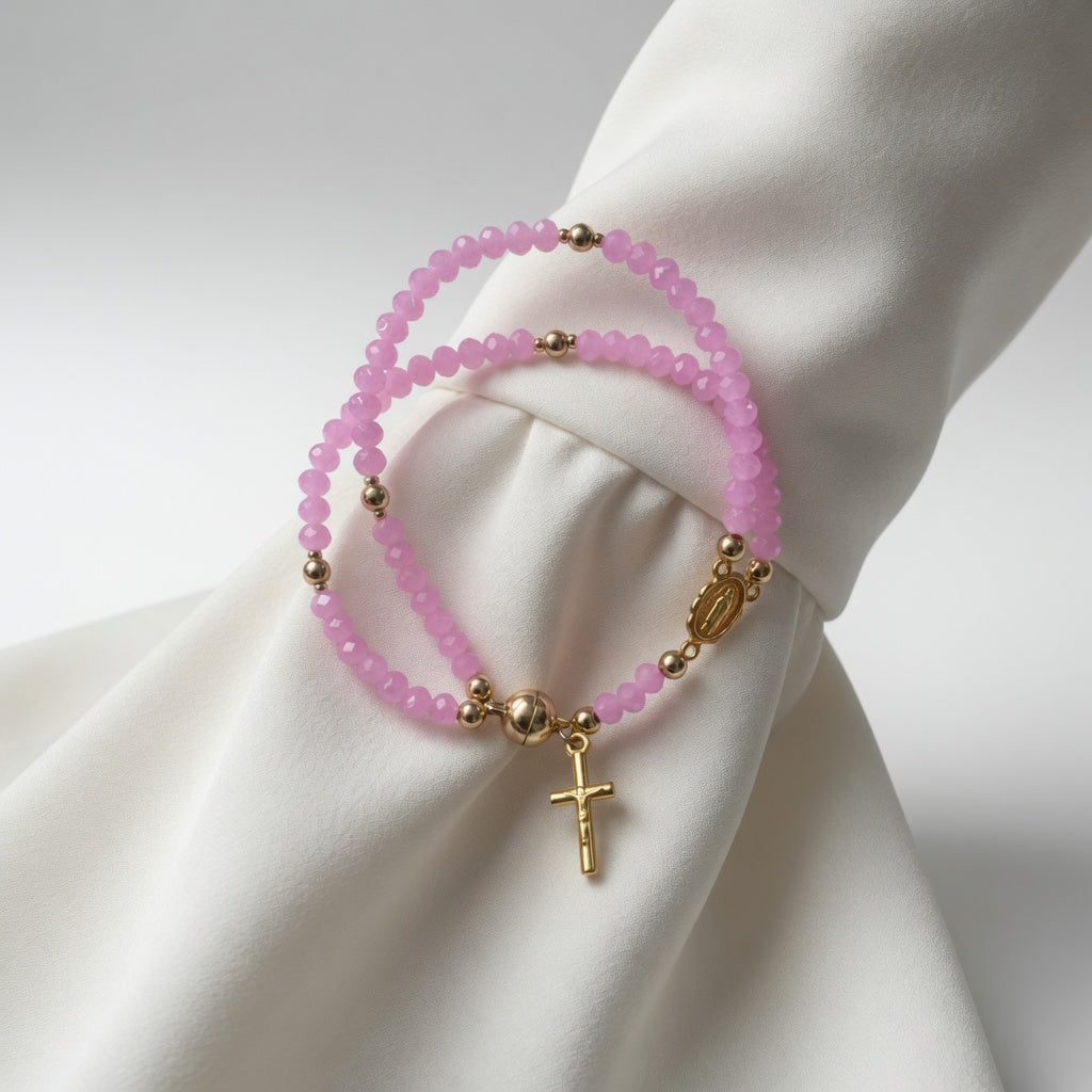 Pulsera Rosario de Cristal y Detalles Dorados