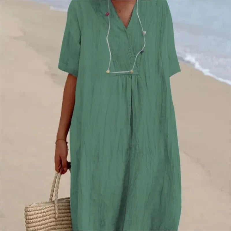 Sandra™  | Vestido Informal con Textura de Lino y Escote en Pico