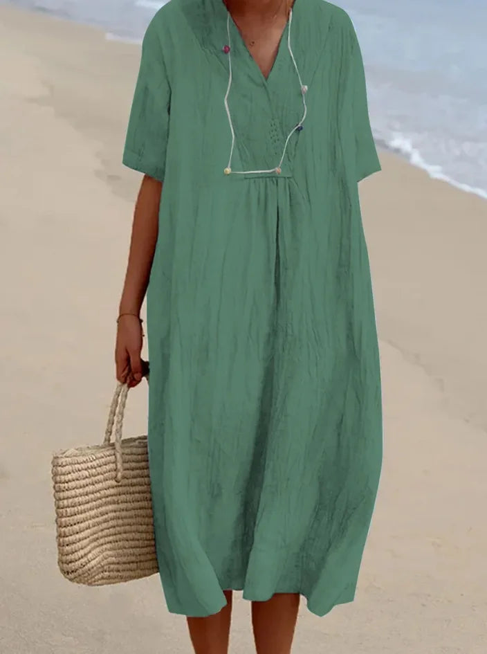 Sandra™  | Vestido Informal con Textura de Lino y Escote en Pico
