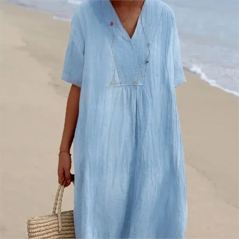 Sandra™  | Vestido Informal con Textura de Lino y Escote en Pico