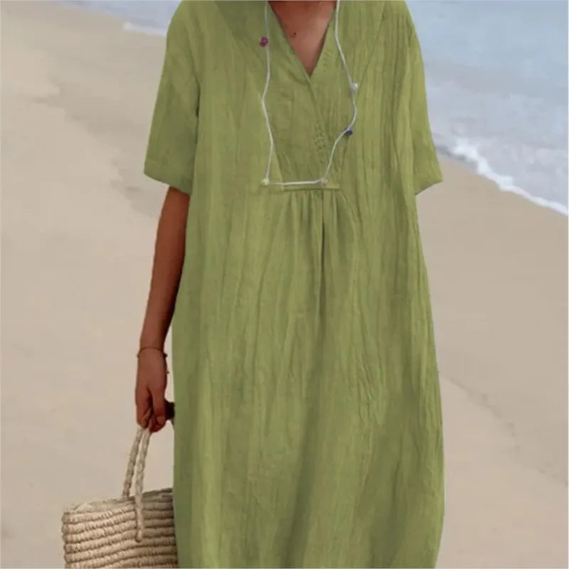 Sandra™  | Vestido Informal con Textura de Lino y Escote en Pico