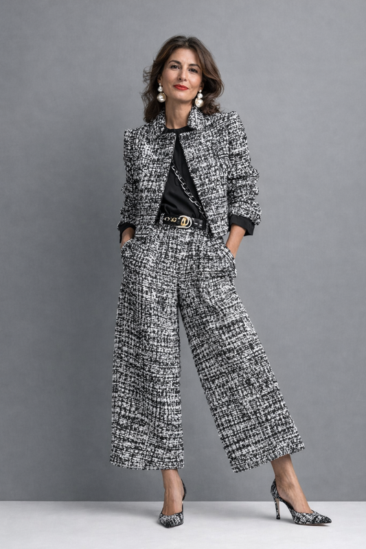 Irene | Conjunto de tweed con chamarra y pantalón de pernera ancha