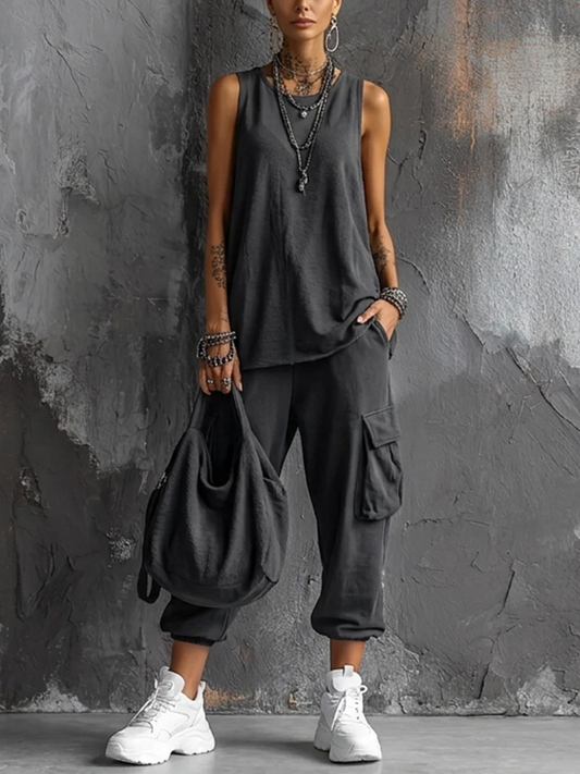 Conjunto Casual Gris Oscuro con Chaleco y Pantalón Cargo Jogger