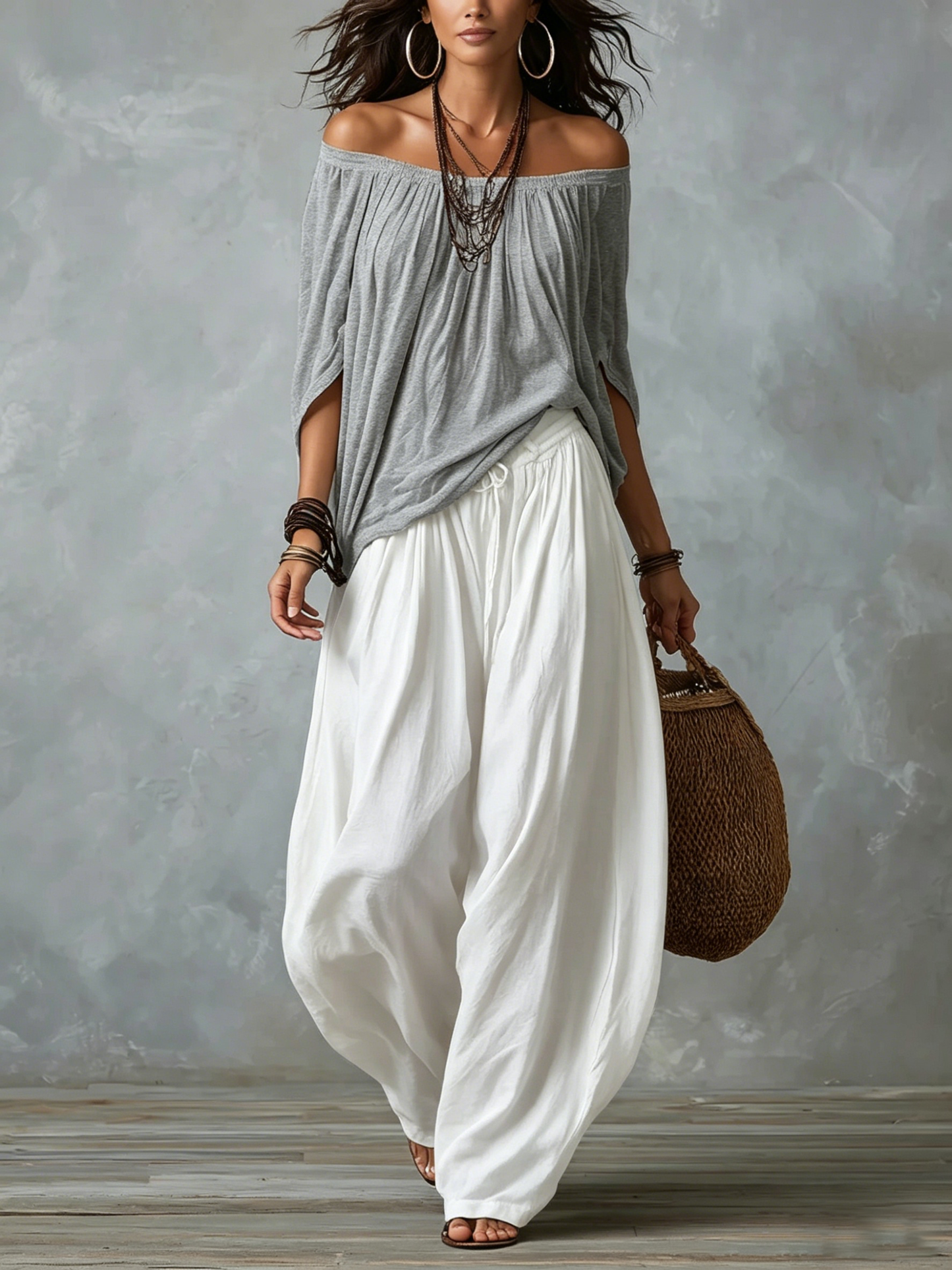 Conjunto Top Bardot y Pantalón Bombacho