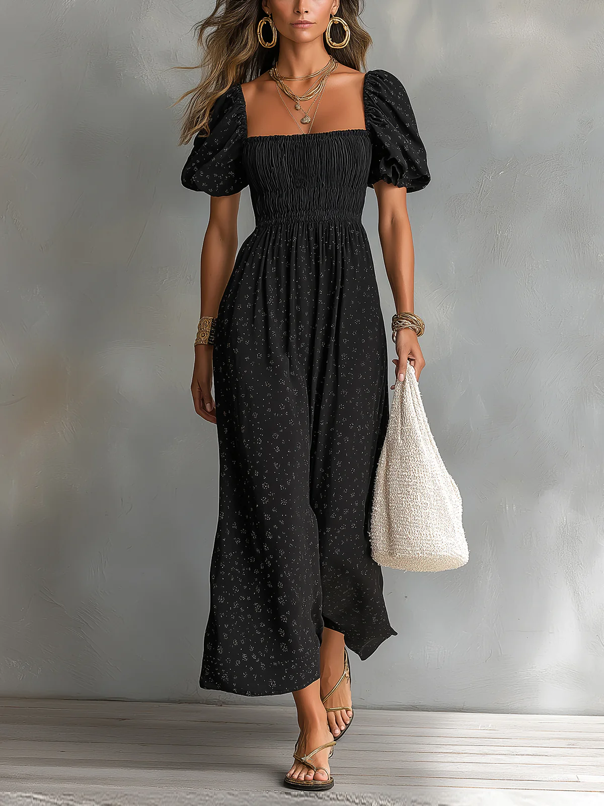 Vestido Largo Negro con Escote Cuadrado