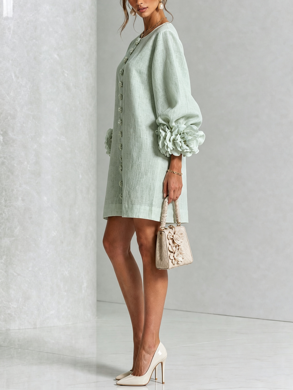Belén | Minivestido floral blanco con mangas de rosetas
