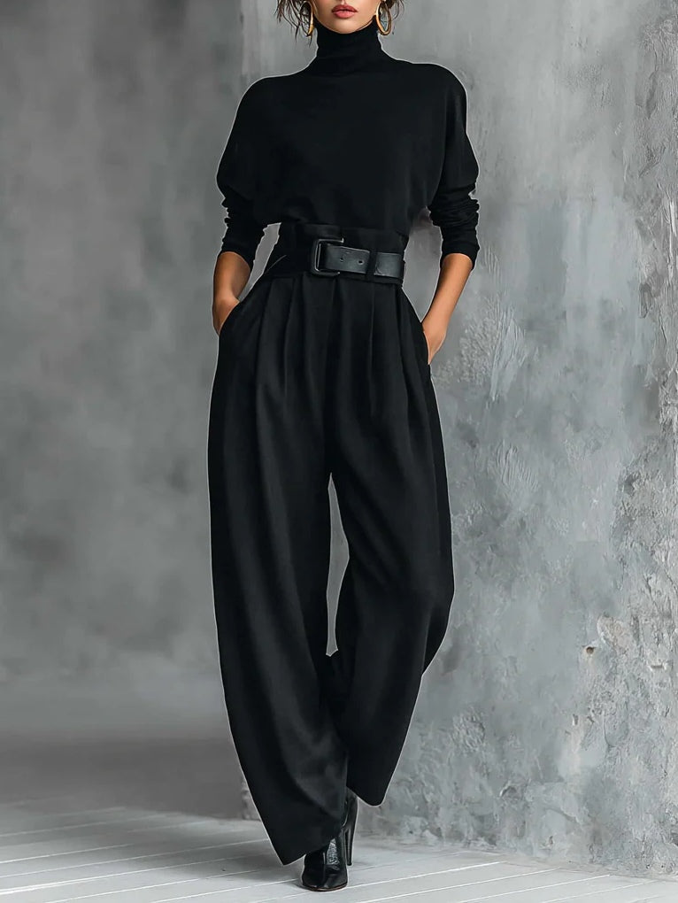 Conjunto Elegante de Dos Piezas con Jersey de Cuello Alto y Pantalón Recto
