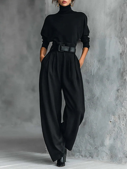 Conjunto Elegante de Dos Piezas con Jersey de Cuello Alto y Pantalón Recto