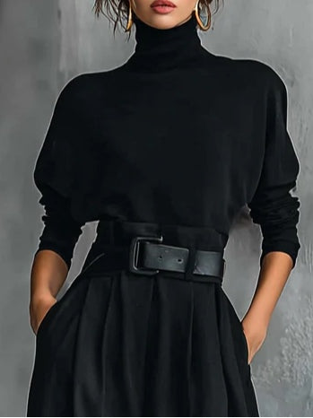 Conjunto Elegante de Dos Piezas con Jersey de Cuello Alto y Pantalón Recto