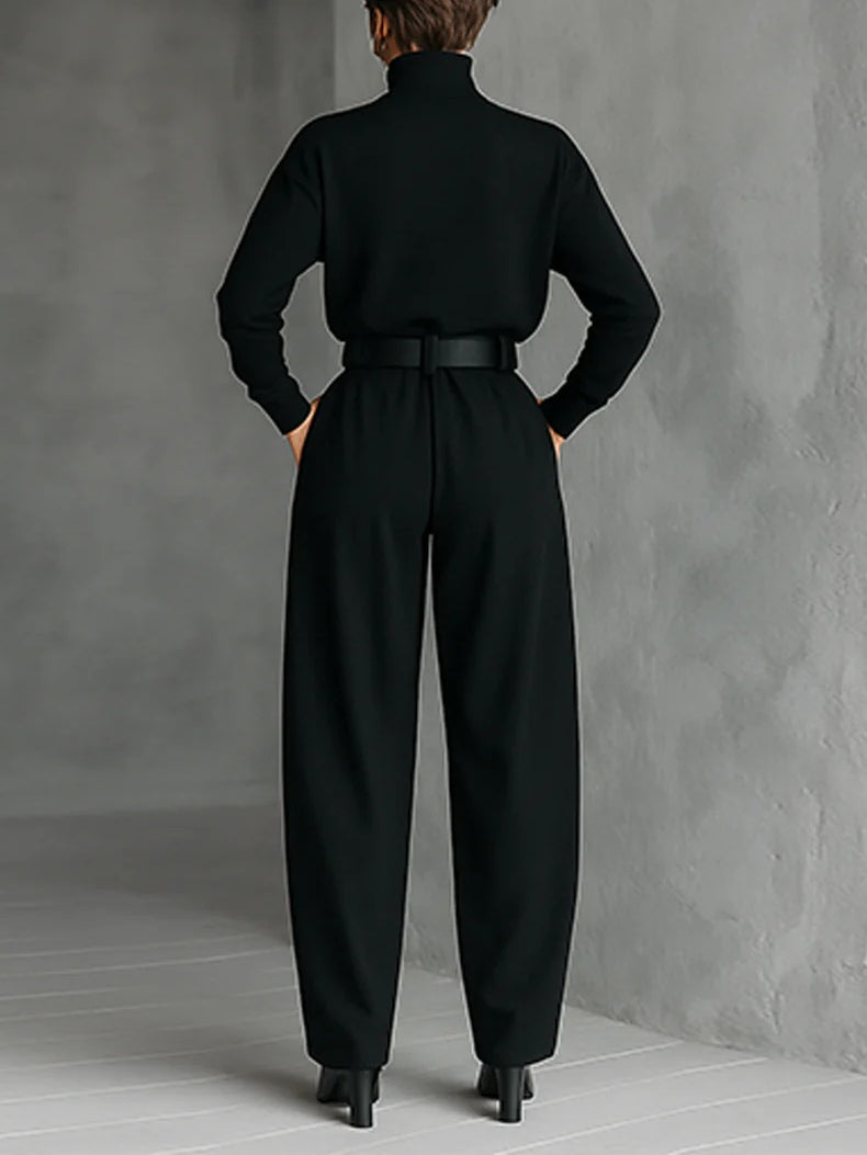 Conjunto Elegante de Dos Piezas con Jersey de Cuello Alto y Pantalón Recto